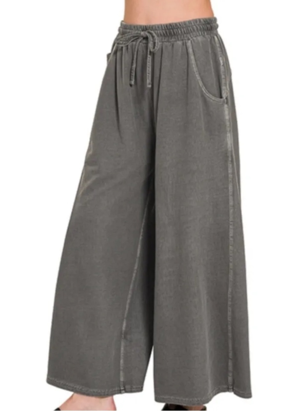 Zenana 100% Cotton Black Washed French Terry Wide Leg Pants Large - Picture 2 of 2